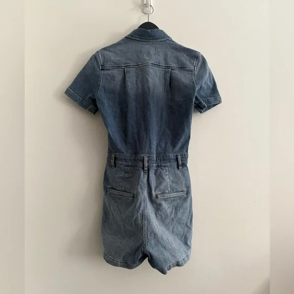 FRAME Denim Jean Romper Short Sleeve Belted Blue Jumpsuit Pleated Front Pockets - Picture 4 of 8